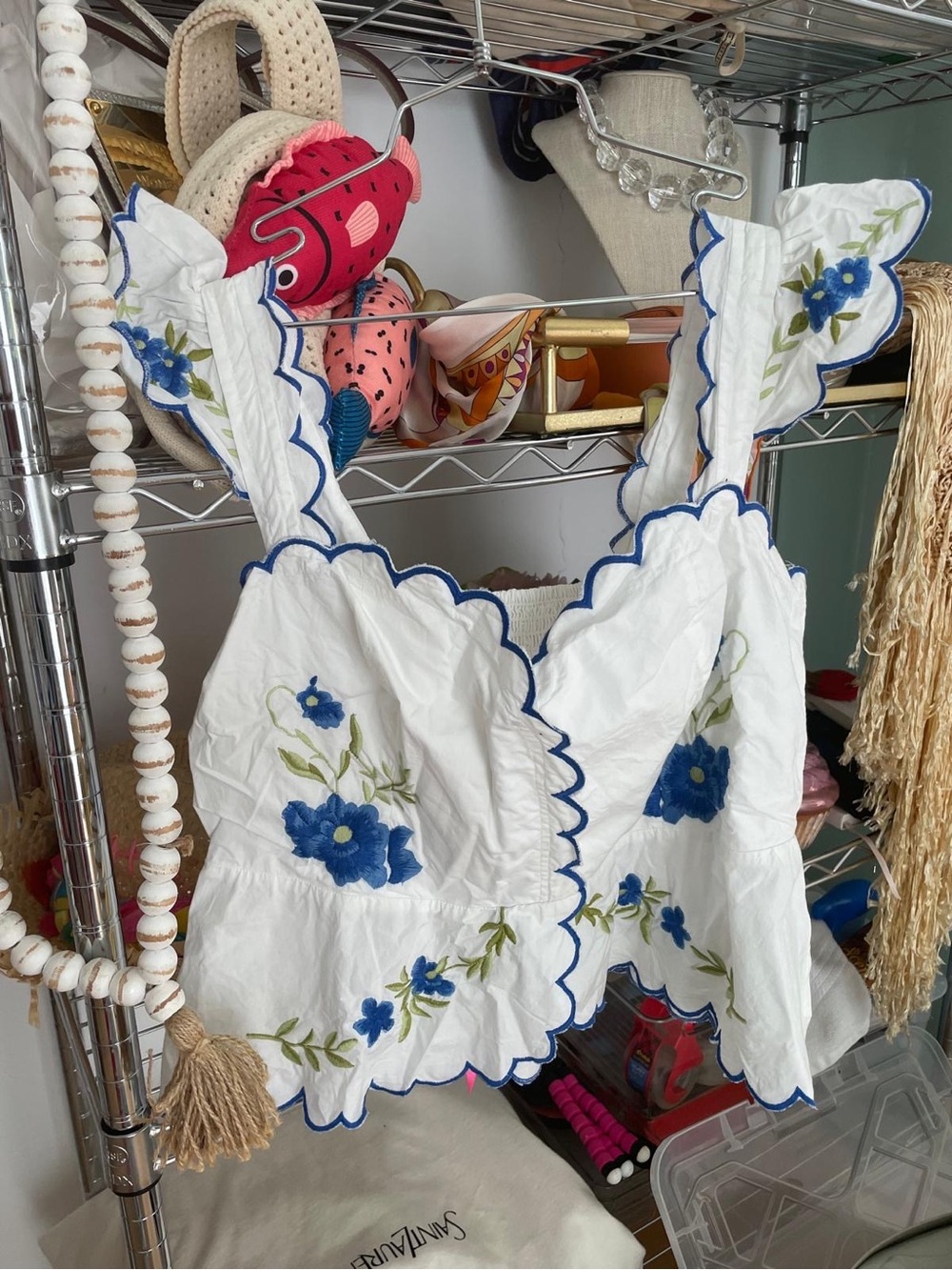 Anthropologie White Scalloped Floral Embroidered Tank Top - Blue Accent - Picture 5 of 6
